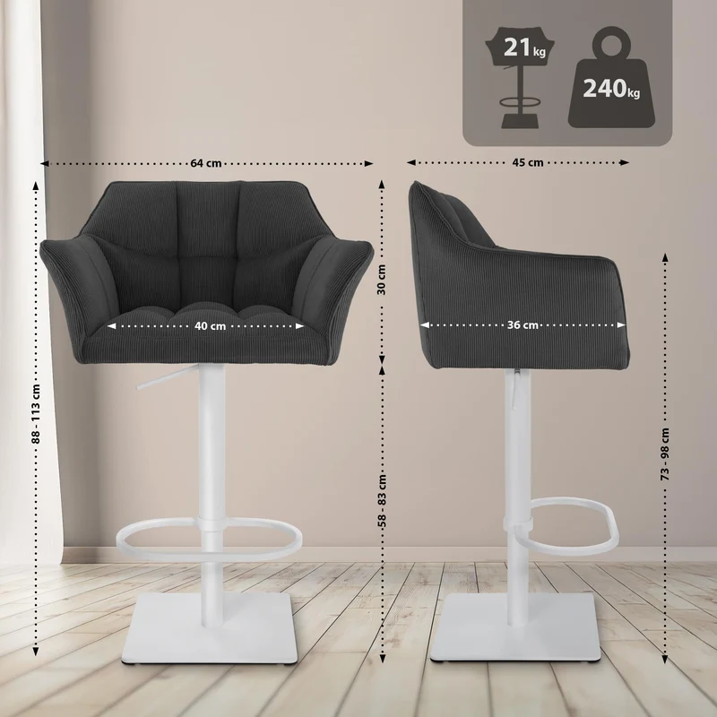 Tabouret de bar x1 réglable en velours côtelé gris foncé assise enveloppante capitonnée avec base carrée en métal blanc 10_0006307