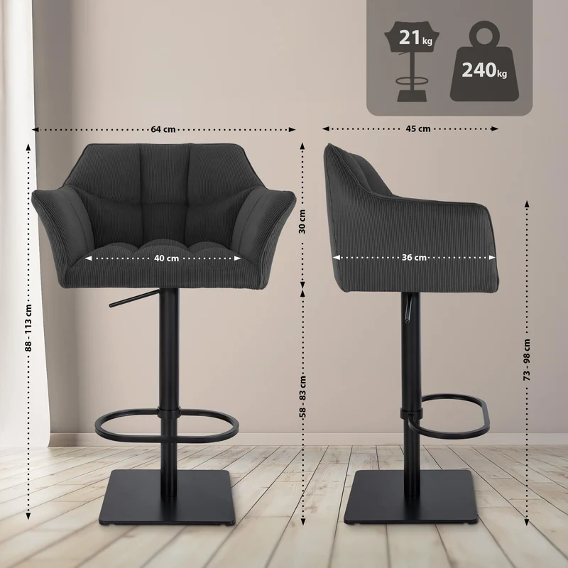 Tabouret de bar x1 réglable en velours côtelé gris foncé assise enveloppante capitonnée et avec base carrée en métal noir 10_0005892