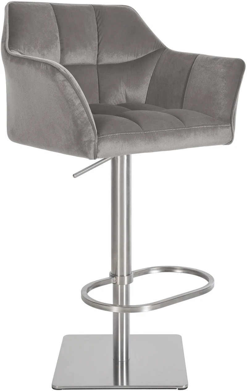 Tabouret de bar x1 réglable en velours gris assise enveloppante capitonnée et avec base carrée en acier inoxydable 10_0006063