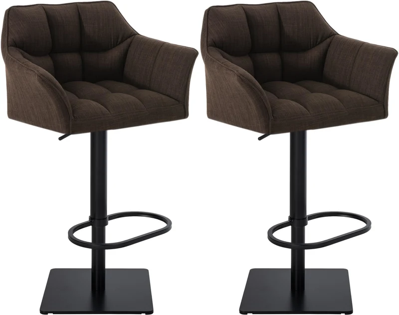 Lot de 2 tabourets de bar réglable en tissu marron assise enveloppante capitonnée et avec base carrée en métal noir 10_0006771
