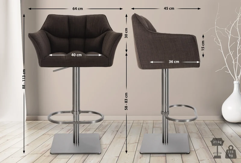 Lot de 2 tabourets de bar réglable en tissu marron assise enveloppante capitonnée et avec base carrée en acier inoxydable 10_0006770