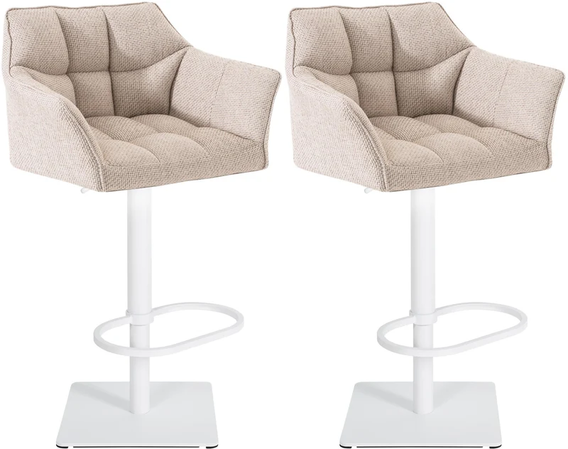 Lot de 2 tabourets de bar réglable en tissu beige assise enveloppante capitonnée avec base carrée en métal blanc 10_0006623