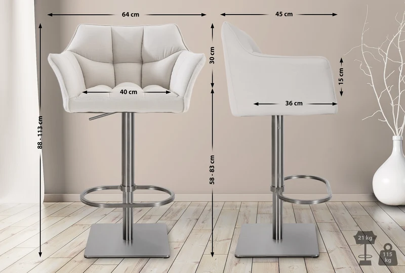 Lot de 2 tabourets de bar réglable en tissu blanc assise enveloppante capitonnée avec base carrée en acier inoxydable 10_0006795