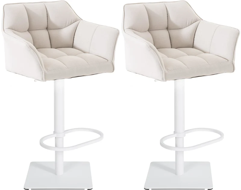 Lot de 2 tabourets de bar réglable en tissu blanc assise enveloppante capitonnée et avec base carrée en métal blanc 10_0006794