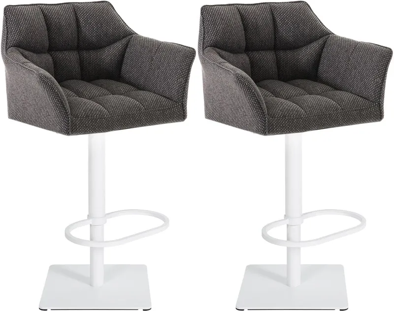 Lot de 2 tabourets de bar réglable en tissu gris assise enveloppante capitonnée avec base carrée en métal blanc 10_0006625