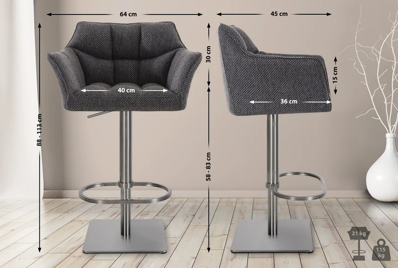Lot de 2 tabourets de bar réglable en tissu gris assise enveloppante capitonnée et avec base carrée en acier inoxydable 10_0006353