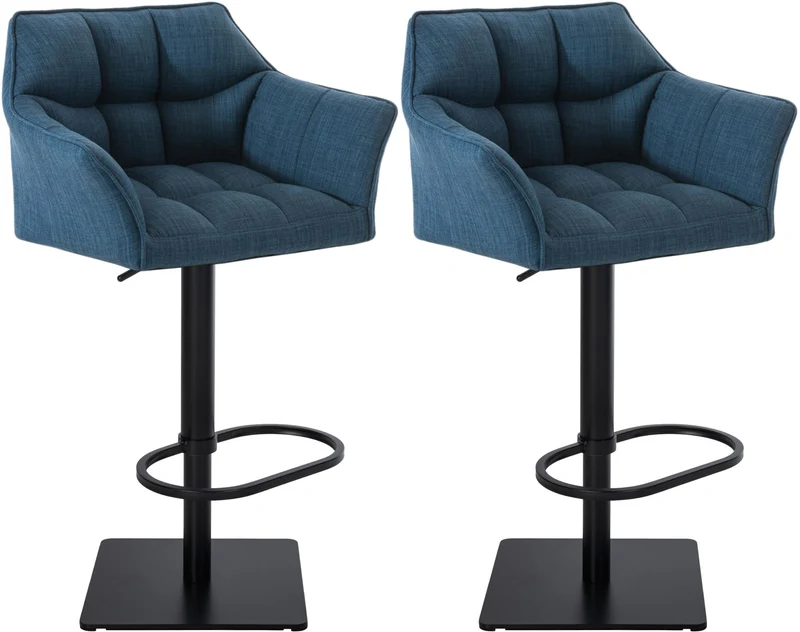Lot de 2 tabourets de bar réglable en tissu bleu assise enveloppante capitonnée et avec base carrée en métal noir 10_0006298