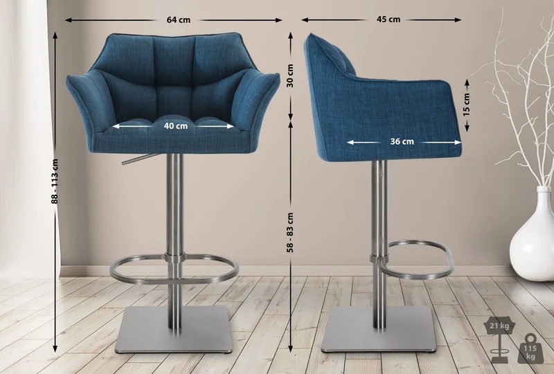Lot de 2 tabourets de bar réglable en tissu bleu assise enveloppante capitonnée et avec base carrée en acier inoxydable 10_0006297