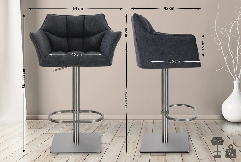 Lot de 2 tabourets de bar réglable en tissu gris foncé assise enveloppante capitonnée avec base carrée en acier inoxydable 10_0006018
