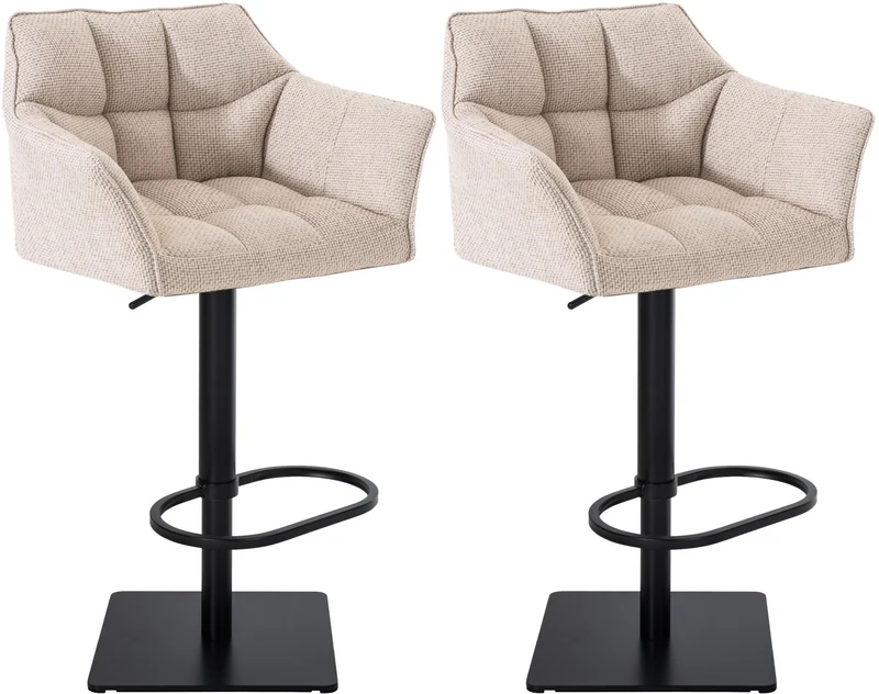 Lot de 2 tabourets de bar réglable en tissu beige assise enveloppante capitonnée avec base carrée en métal noir 10_0005838