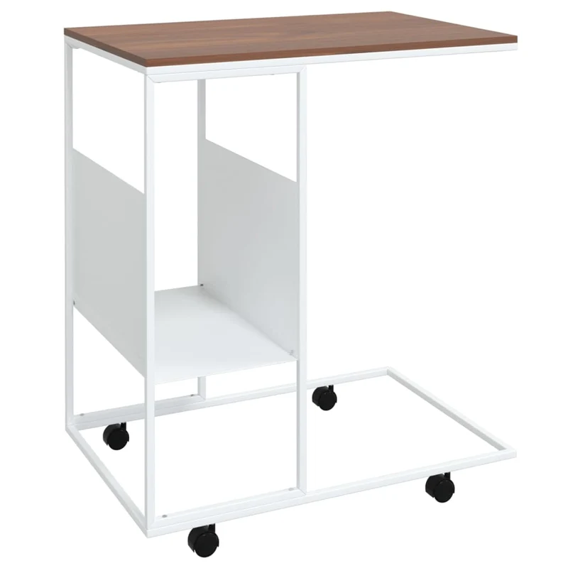Table d'appoint en forme de C sur roulettes 55 x 36 x 63,5cm bois d'ingénierie marron et fer blanc DEC031294