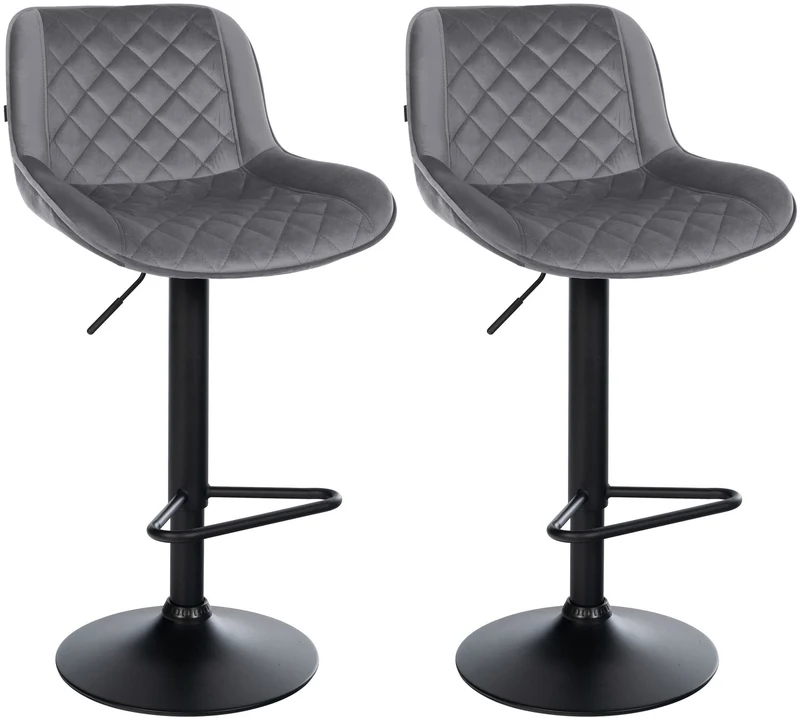 Lot de 2 tabourets de bar repose-pieds hauteur réglable en velours gris foncé coutures losange cadre métal noir 10_0006336