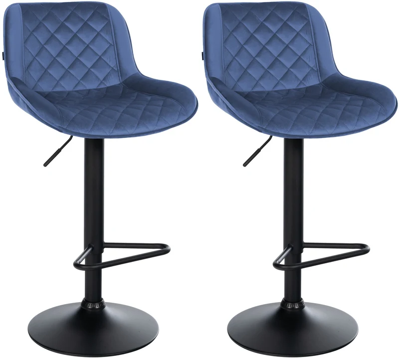 Lot de 2 tabourets de bar repose-pieds hauteur réglable en velours bleu coutures losange cadre métal noir 10_0006066