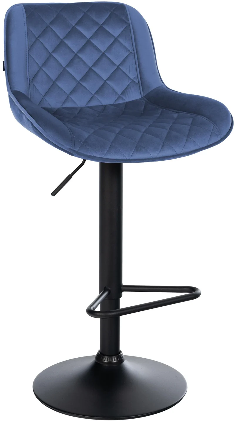 Tabouret de bar x1 repose-pieds hauteur réglable en velours bleu coutures losange cadre métal noir 10_0005625