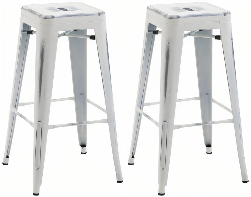 Lot de 2 tabourets de bar hauteur 76 cm design industriel structure robuste à quatre pieds métal blanc effet vieilli 10_0006096