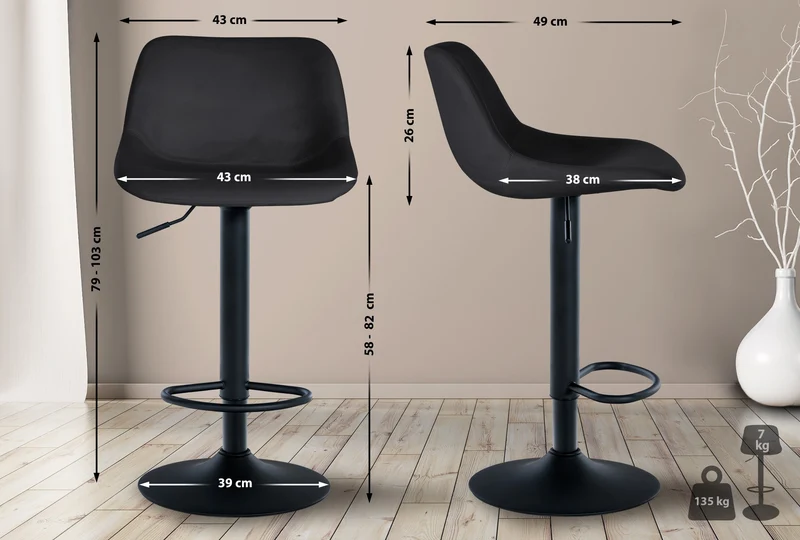Tabouret de bar x1 rotation à 360°en velours noir pieds en trompette métal noir 10_0006277