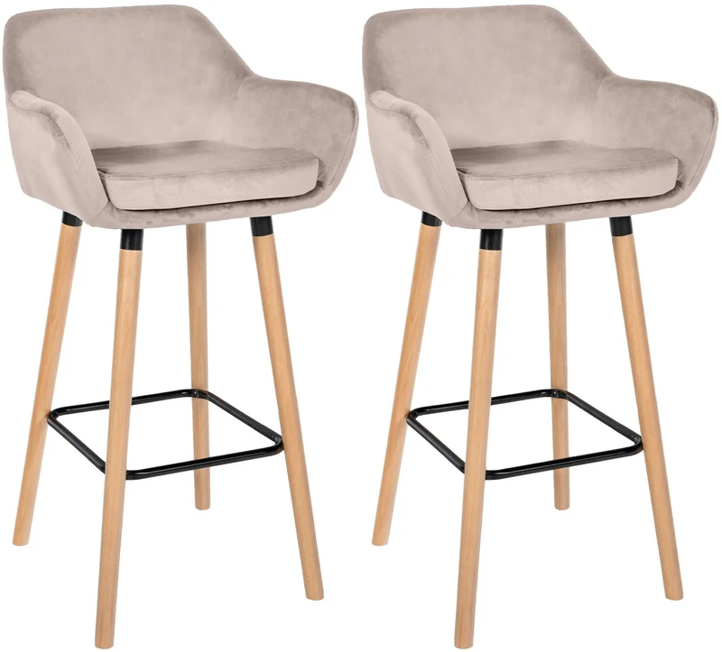 Lot de 2 tabourets de bar design scandinave en velours crème cadre en bois repose-pieds en métal 10_0006762