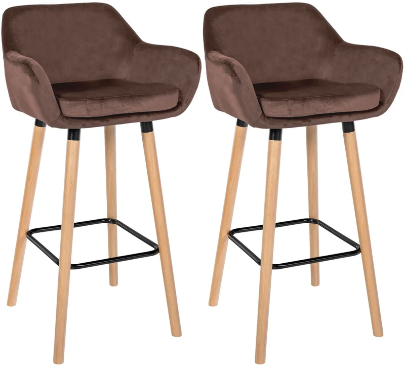 Lot de 2 tabourets de bar design scandinave en velours marron cadre en bois repose-pieds en métal 10_0006589