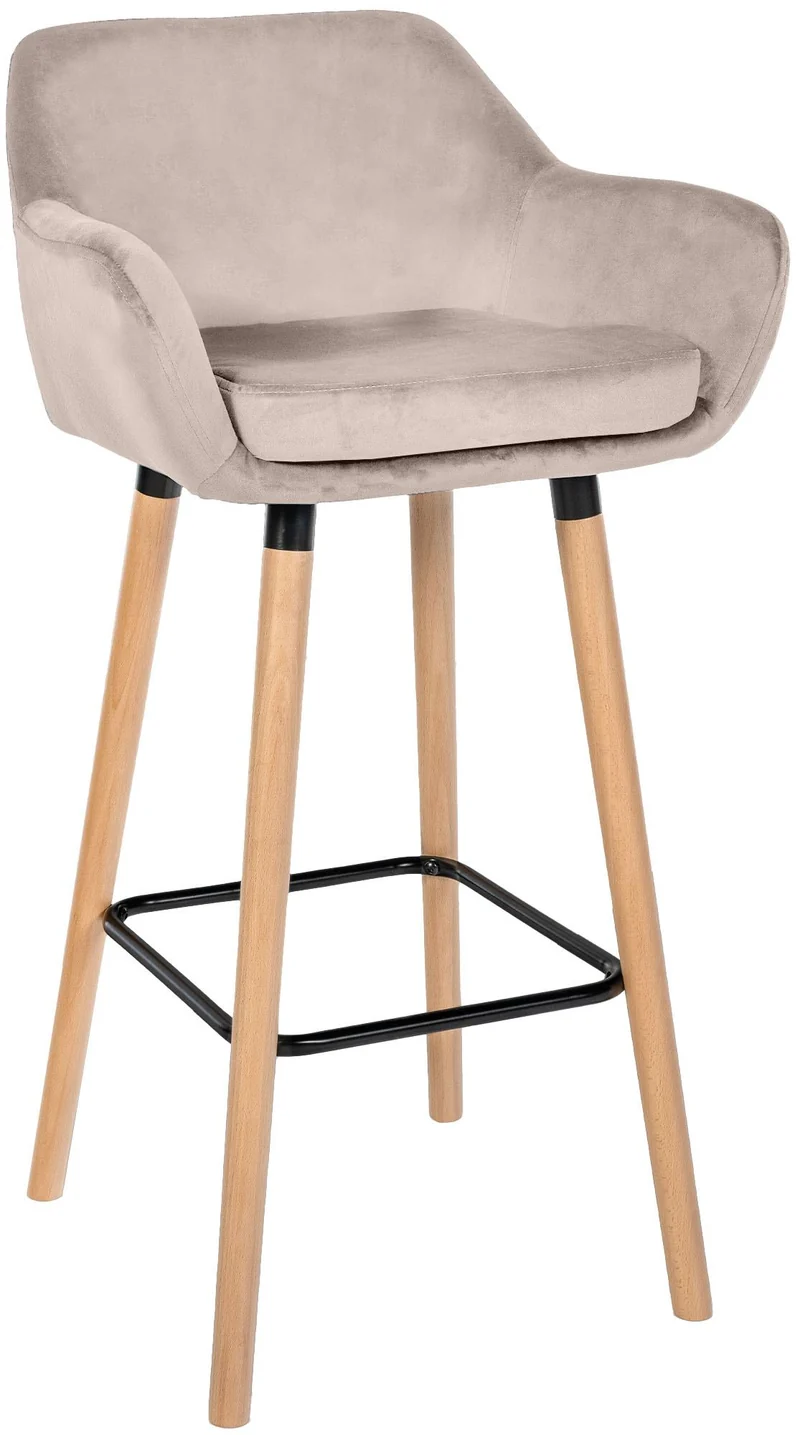Tabouret de bar x1 design scandinave en velours crème cadre en bois repose-pieds en métal 10_0006484