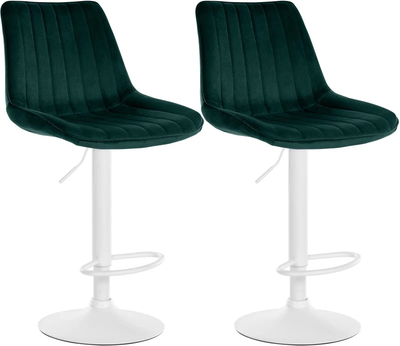 Lot de 2 tabourets de bar réglable en hauteur pivotant à 360° assise en velours vert couture verticale pied métal blanc 10_0006731