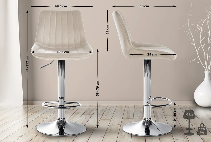 Lot de 2 tabourets de bar réglable en hauteur pivotant à 360° assise en velours crème couture verticale pied métal chromé 10_0005909