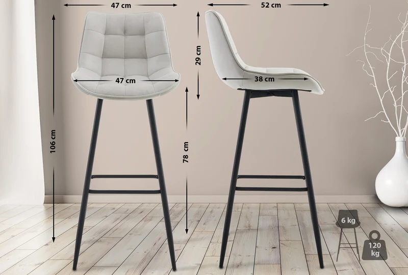 Tabouret de bar x1 coutures décoratives carrées avec repose-pieds en velours gris quatre pieds en métal 10_0006636