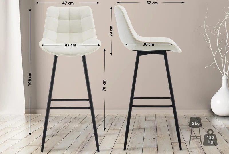 Lot de 2 tabourets de bar coutures décoratives carrées avec repose-pieds en velours crème quatre pieds en métal 10_0006281