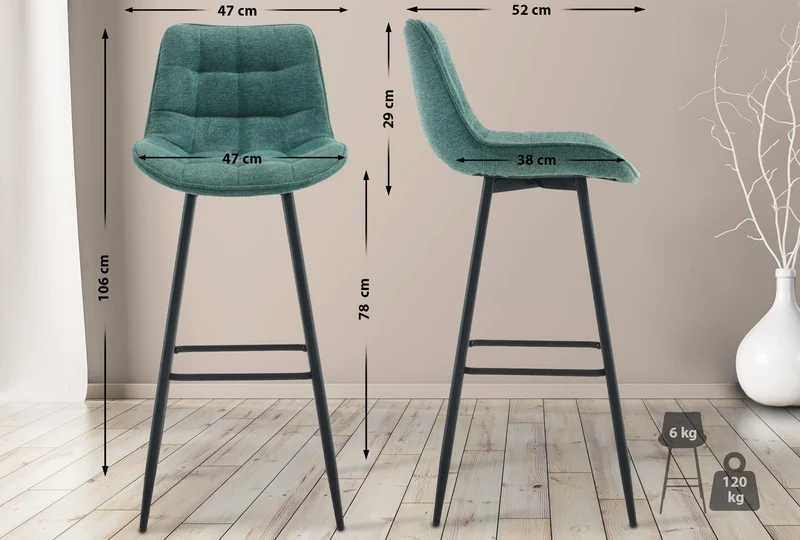 Tabouret de bar x1 coutures décoratives carrées avec repose-pieds en tissu vert quatre pieds en métal 10_0006204