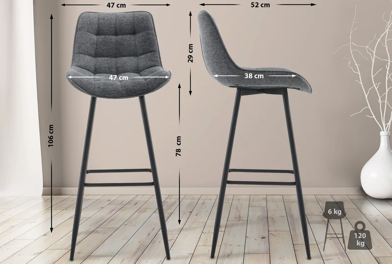 Tabouret de bar x1 coutures décoratives carrées avec repose-pieds en tissu gris foncé quatre pieds en métal 10_0006109