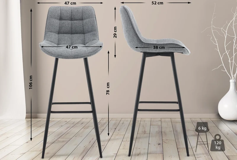 Tabouret de bar x1 coutures décoratives carrées avec repose-pieds en tissu gris quatre pieds en métal 10_0006000