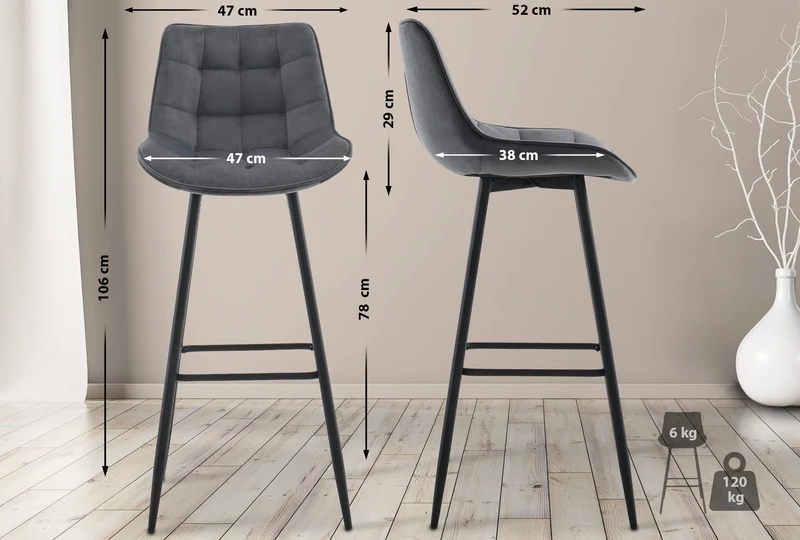 Tabouret de bar x1 coutures décoratives carrées avec repose-pieds en velours gris foncé quatre pieds en métal 10_0005864
