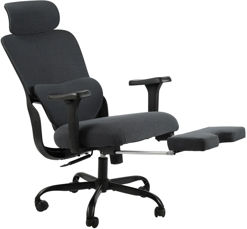 Fauteuil de bureau ergonomique pivotant accoudoirs multifonctions repose-pieds extensible en tissu et plastique noir 10_0006925