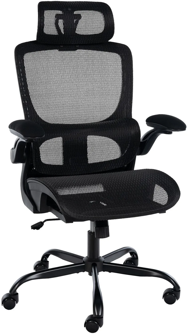 Chaise de bureau ergonomique mécanisme d'inclinaison appui-tête accoudoirs en plastique et maille noir 10_0006924