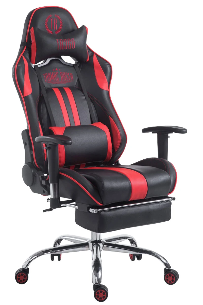 Fauteuil de bureau accoudoirs pivotants avec repose-pieds similicuir noir / rouge cadre métal 10_0006916