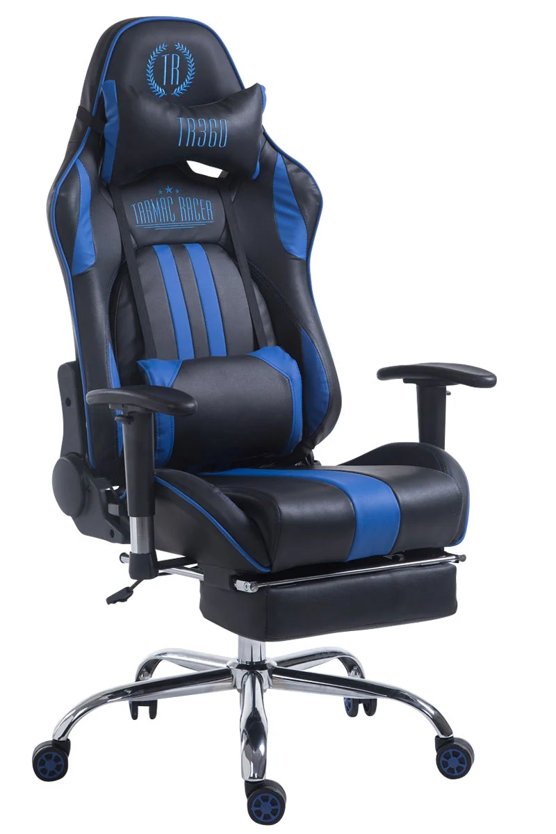 Fauteuil de bureau accoudoirs pivotants avec repose-pieds similicuir noir / bleu cadre métal 10_0006915
