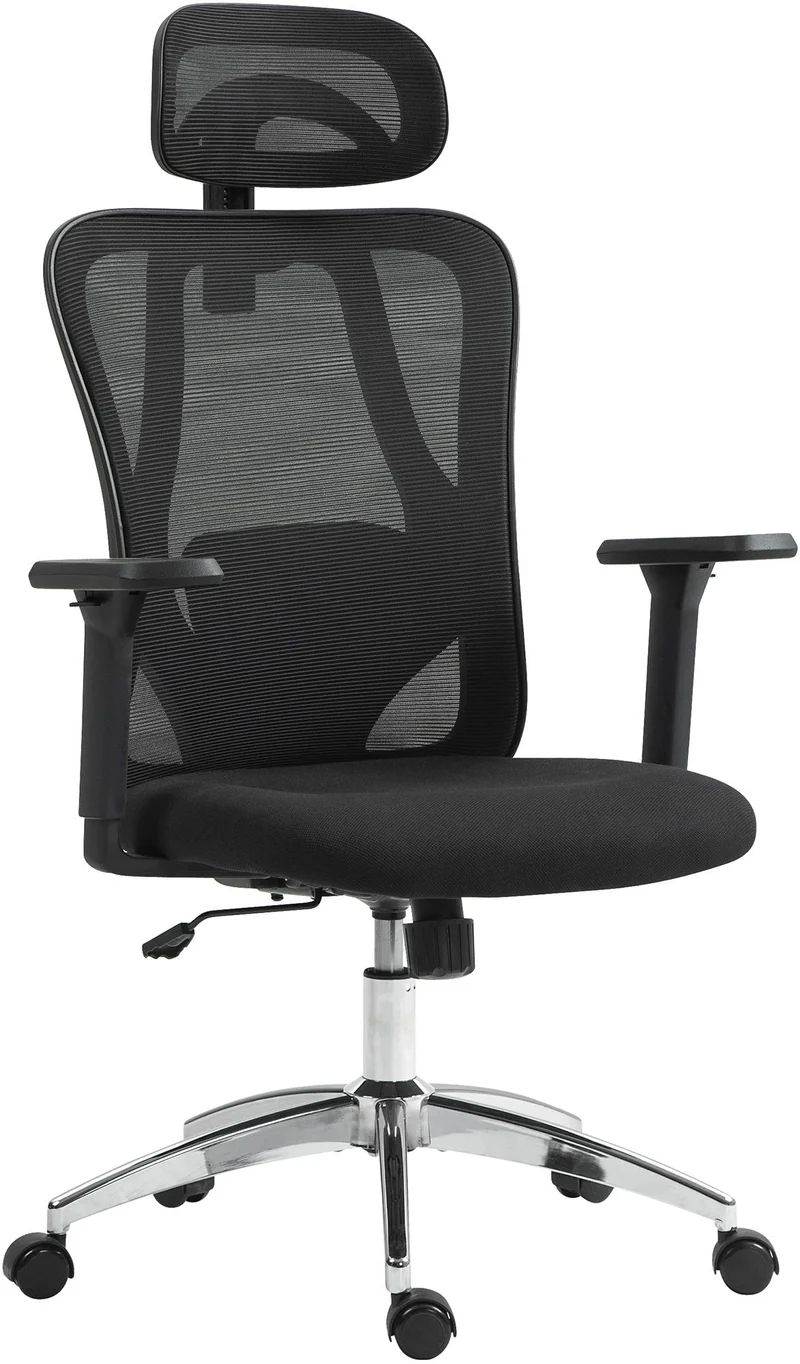 Chaise de bureau pivotante et réglable mécanisme de bascule accoudoirs appui-tête tissu résille noir 10_0006911