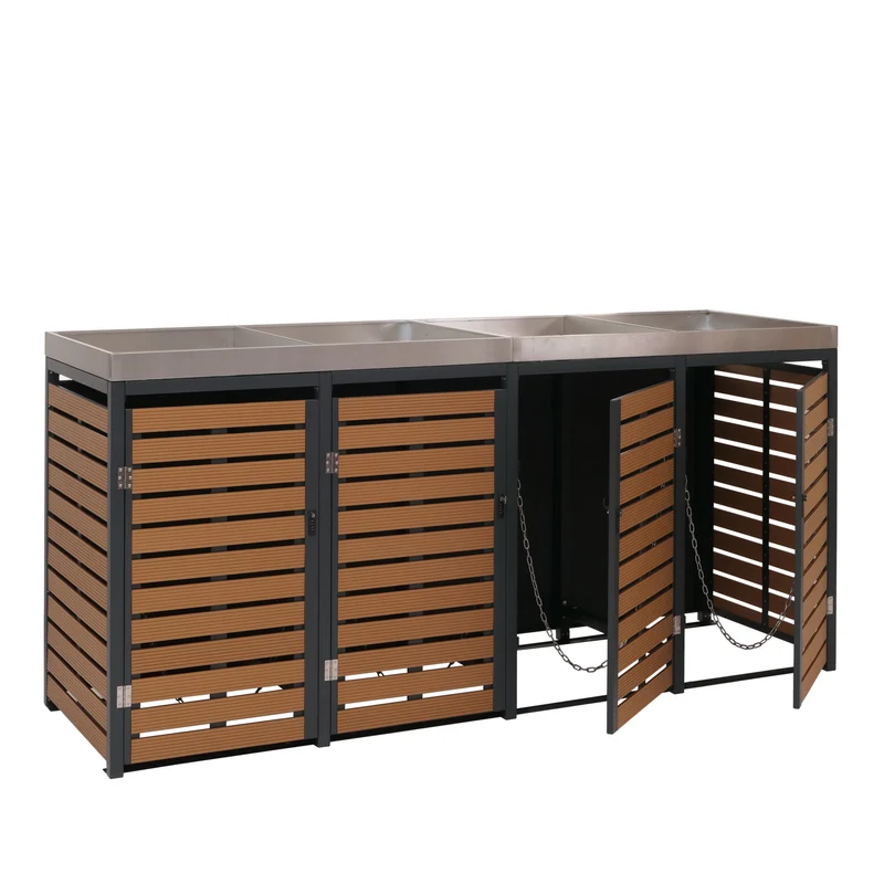 Abris poubelles 4 compartiments avec bac à plantes 124 x 265 x 84 cm WPC acier inoxydable et acier galvanisé aspect teck 04_0007559