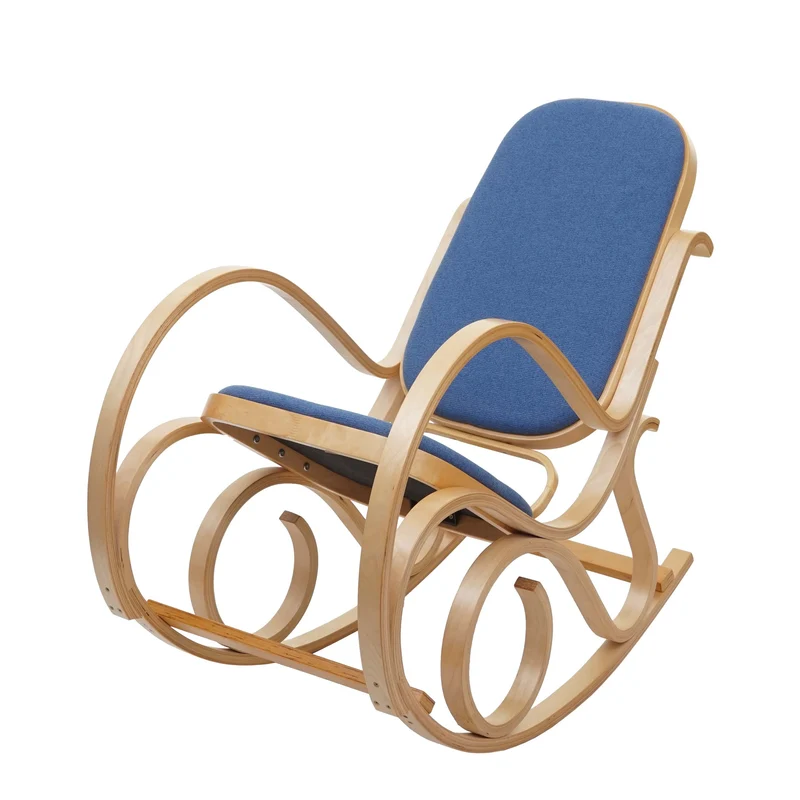 Fauteuil à bascule rocking chair en bois clair assise en tissu bleu M10_005506