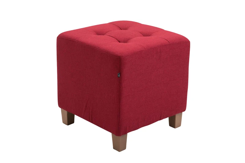Tabouret bas repose-pieds pouf capitonné en tissu rouge pieds en bois 45x46 cm 10_0000161
