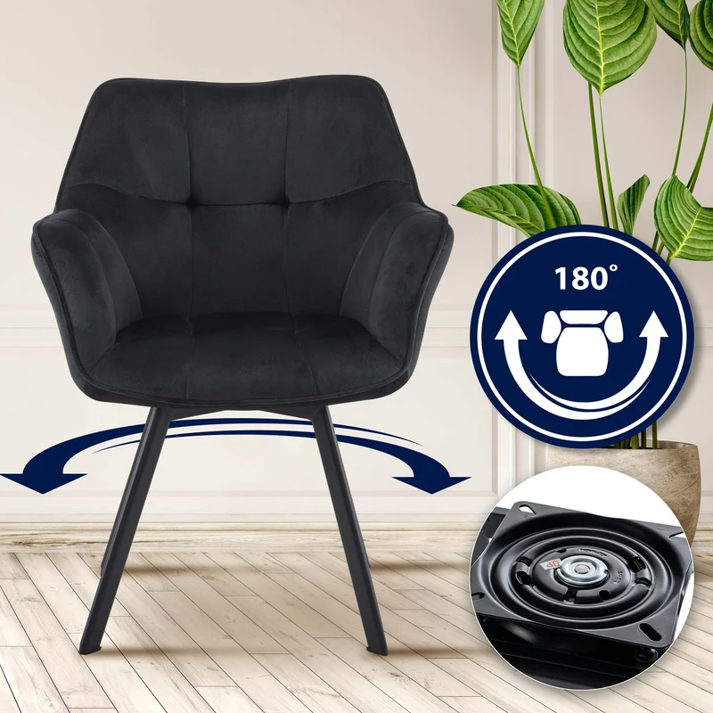 Chaise de salle à manger x1 fonction pivotante en velours noir cadre en métal noir 10_0007205