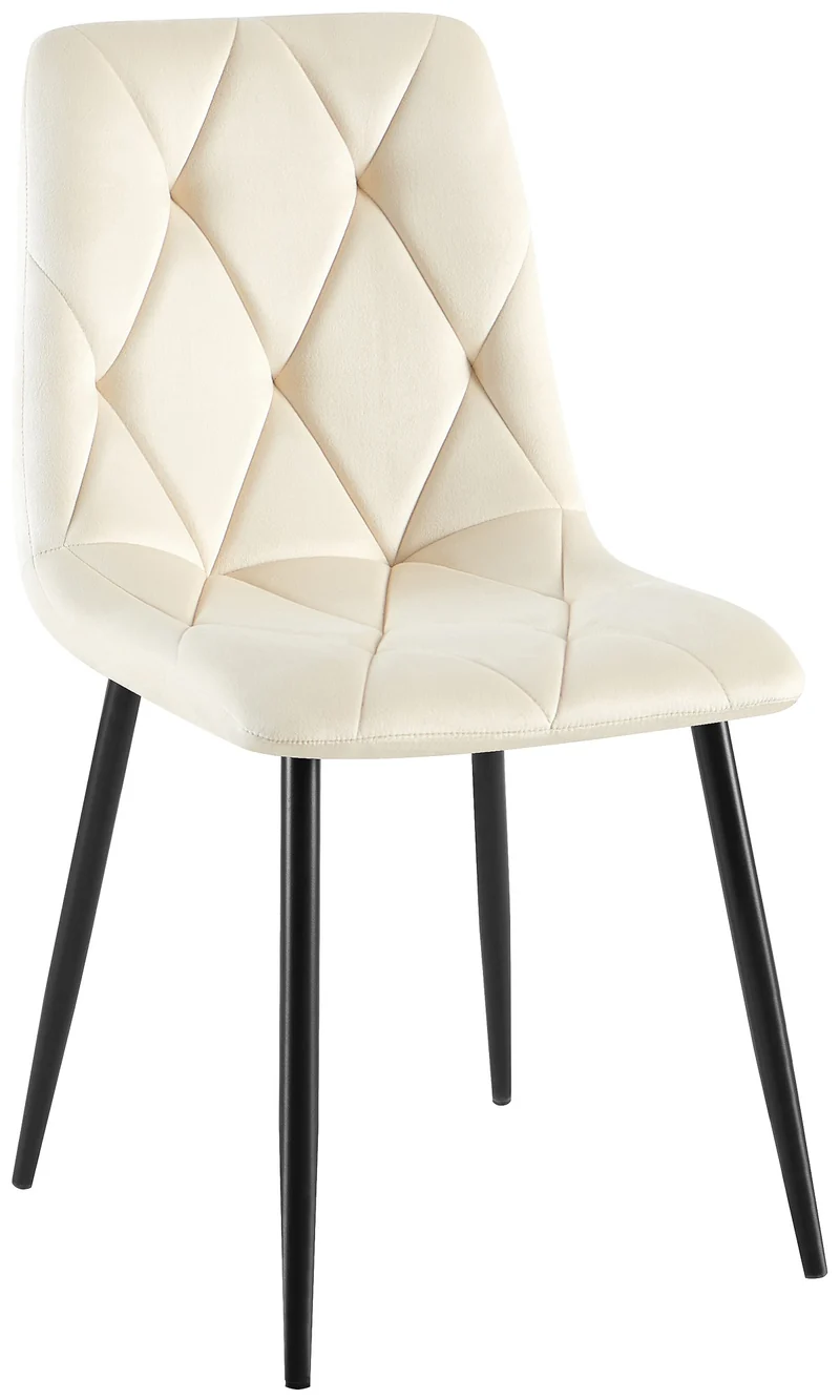 Chaise de salle à manger x1 en velours crème coutures décoratives losange cadre métal 10_0007185