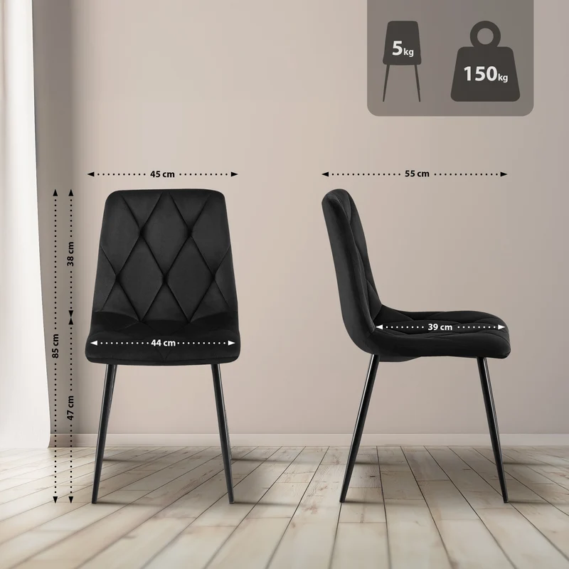 Chaise de salle à manger x1 en velours noir coutures décoratives losange cadre métal 10_0007184