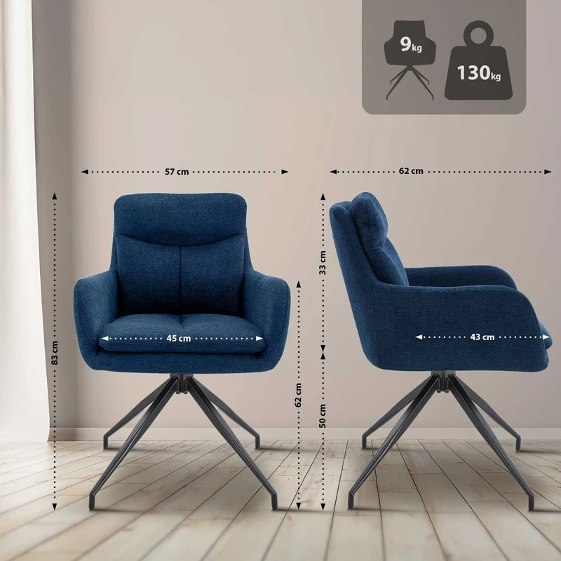 Chaise de salle à manger x1 avec accoudoirs assise fonction pivotante en tissu bleu 10_0007177