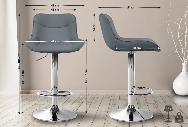 Tabouret de bar x1 pivotant forme ergonomique surpiqûres décoratives en PVC gris cadre en métal chromé 10_0006578
