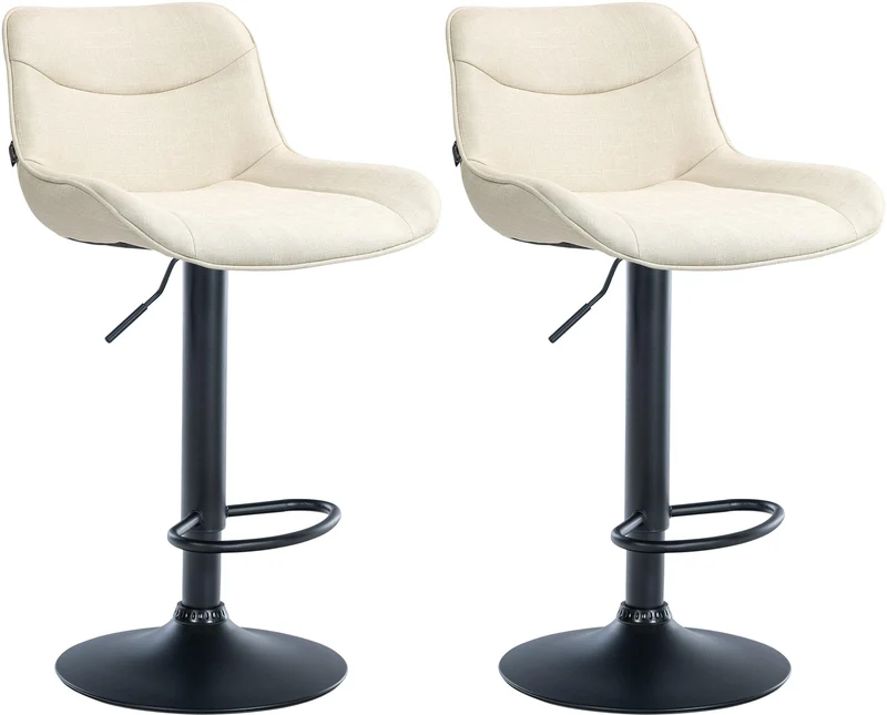 Lot de 2 tabourets de bar pivotant forme ergonomique surpiqûres décoratives en tissu crème cadre en métal noir 10_0006005