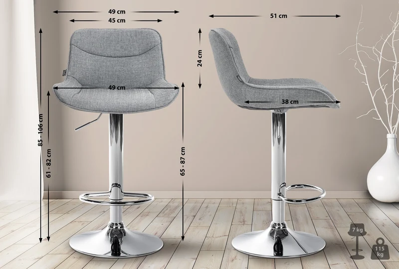 Tabouret de bar x1 pivotant forme ergonomique surpiqûres décoratives en tissu gris cadre en métal chromé 10_0005845