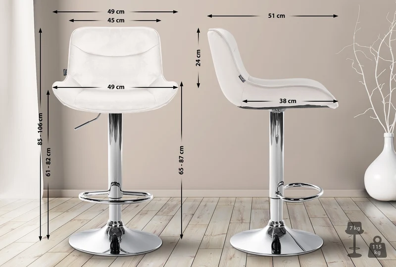 Tabouret de bar x1 pivotant forme ergonomique surpiqûres décoratives en velours crème cadre en métal chromé 10_0005773