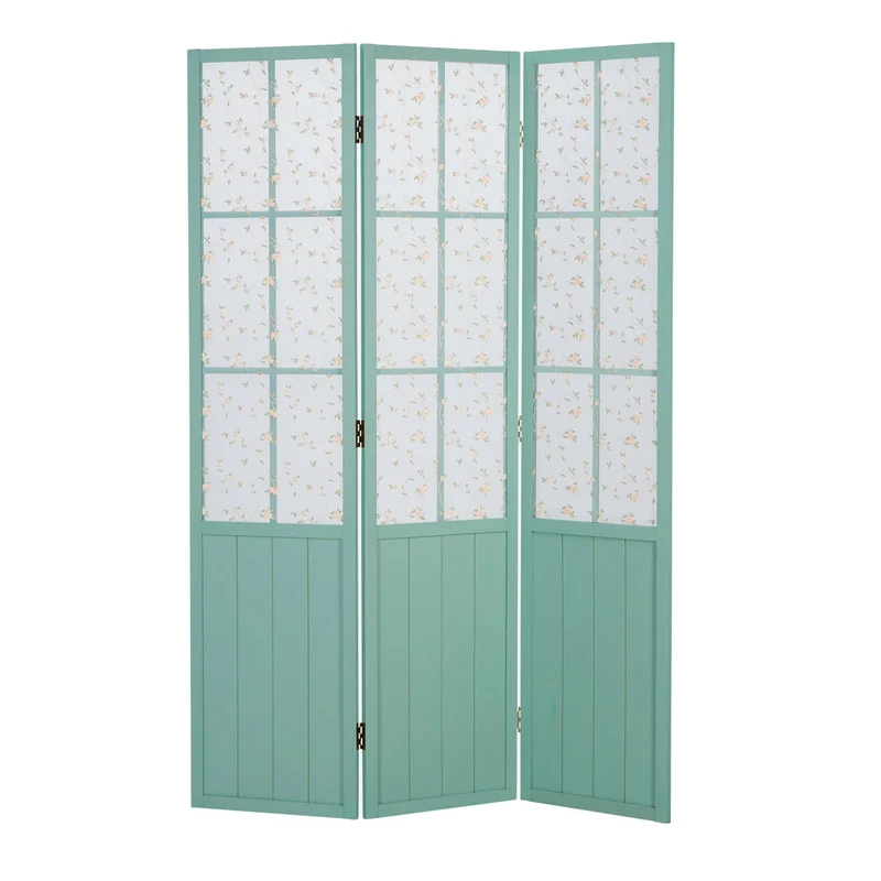 Paravent en 3 panneaux séparateur de pièce en bois turquoise et tissu floral 170x120 cm PAR06091