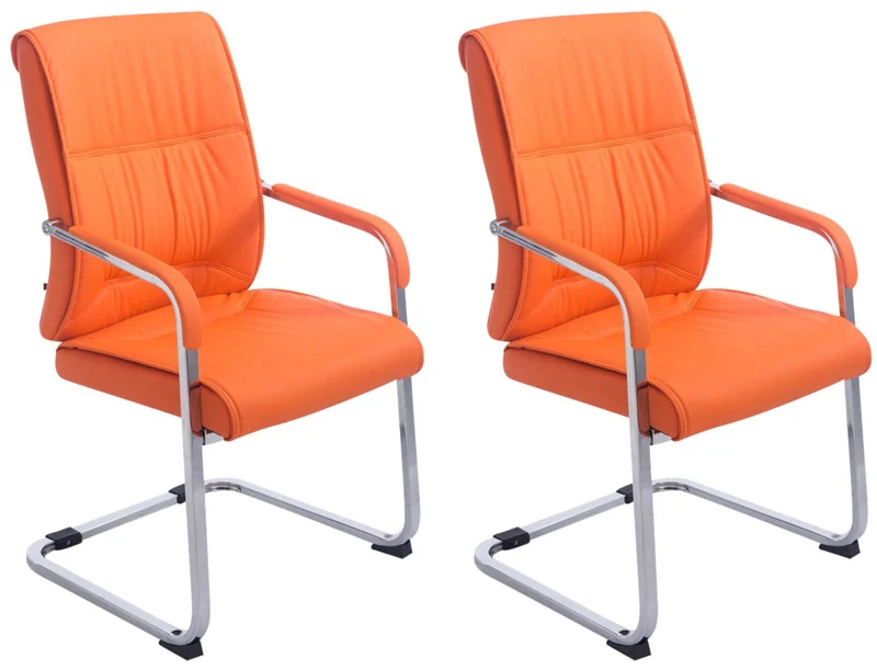 Lot de 2 fauteuils de bureau sans roulettes XXL jusqu'à 260 kg en PVC orange et métal chromé 10_0007023