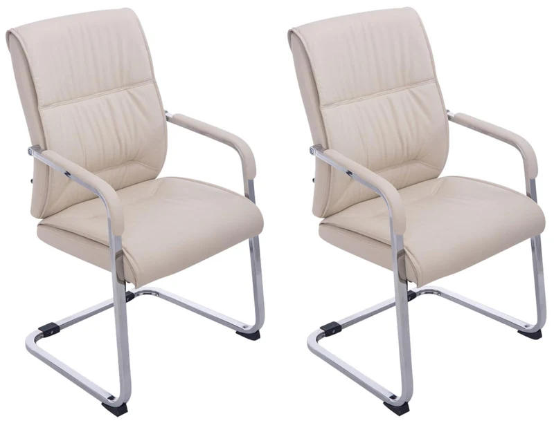 Lot de 2 fauteuils de bureau sans roulettes XXL jusqu'à 260 kg en PVC crème et métal chromé 10_0007016